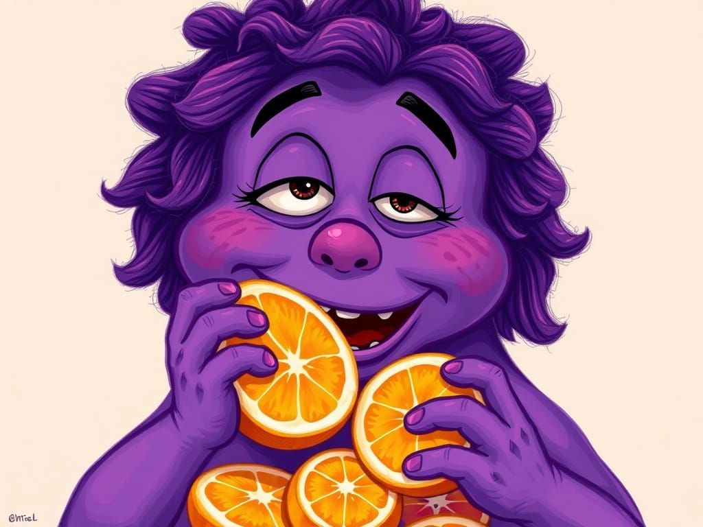 A Vibrant Purple Creature Savoring Juicy Oranges in a Whimsi...