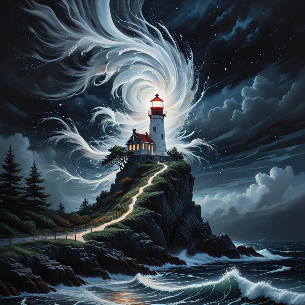 Surreal Night: Woman Emerges from Wind, Oil Painting
