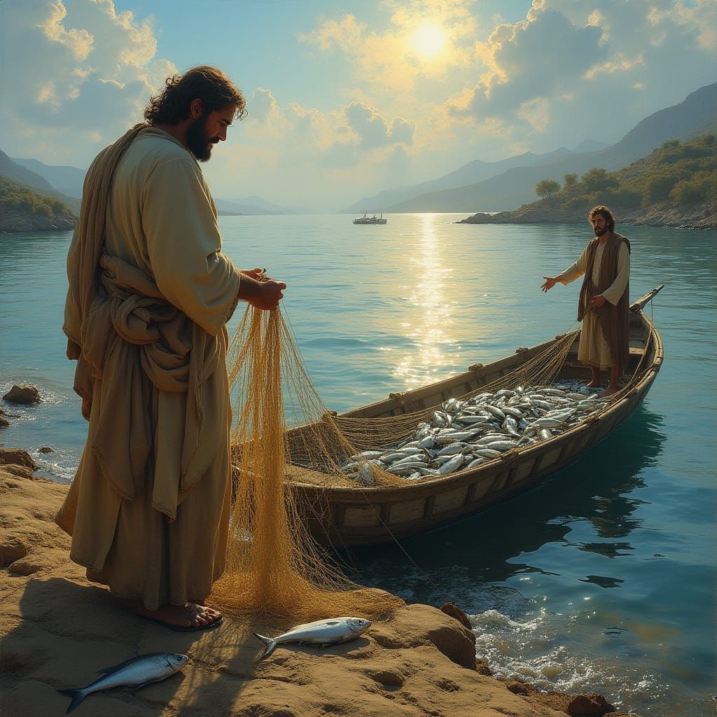 Peter's Miraculous Catch on the Sea of Galilee in a Serene M...