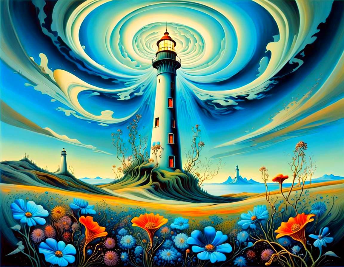 Surreal Landscape with Elastic Flora and Vortex Lighthouse
