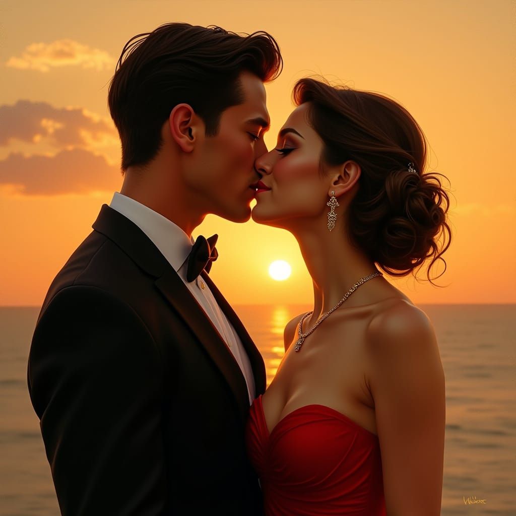 Romantic Couple Sharing a Kiss at Sunset