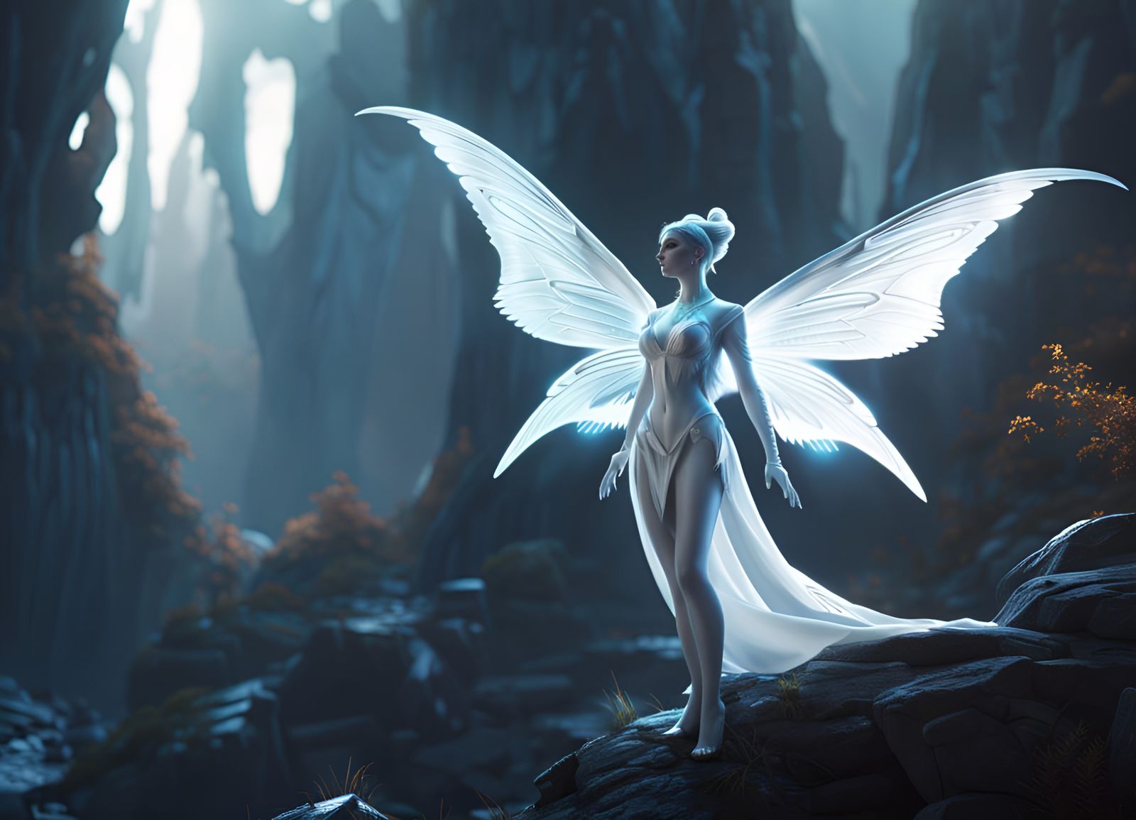 Ethereal White Fairy with Holographic Wings