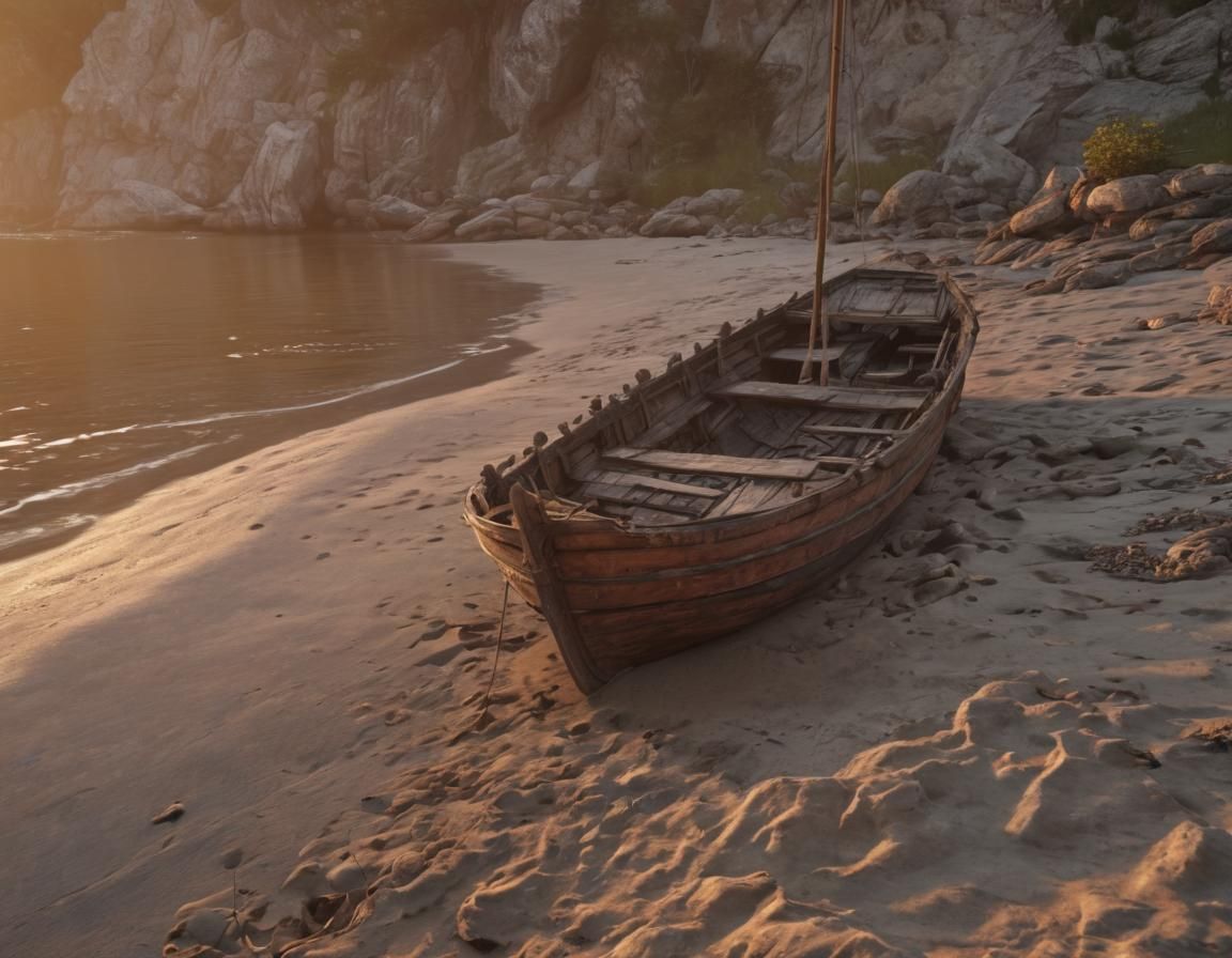 Abandoned Boat on Shore at Sunset