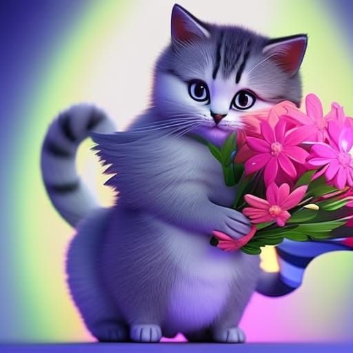 Cute Kitten with Flowers: Pixar Style 3D Art
