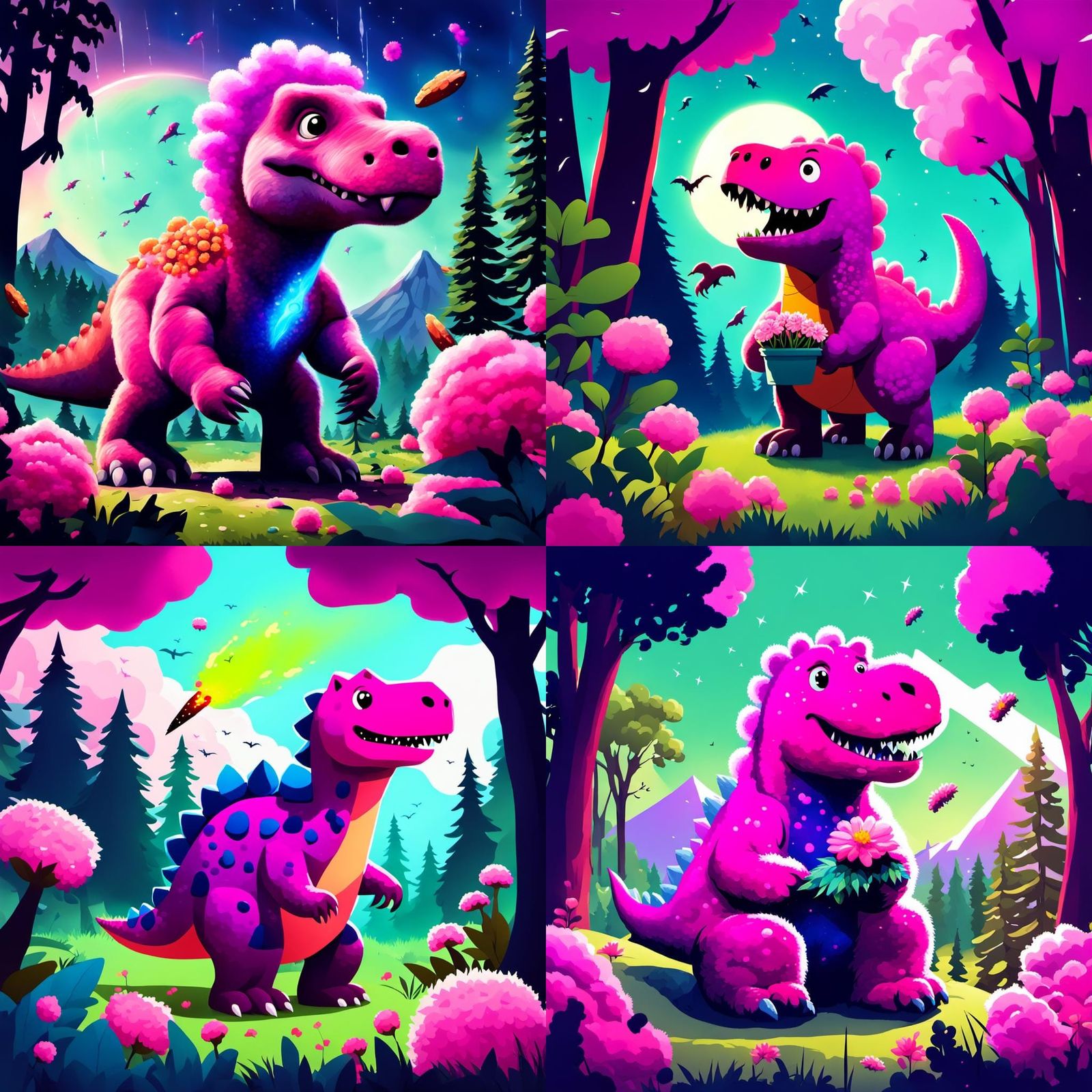 Fluffy Dinosaur's Floral Feast Amidst Meteor Strike