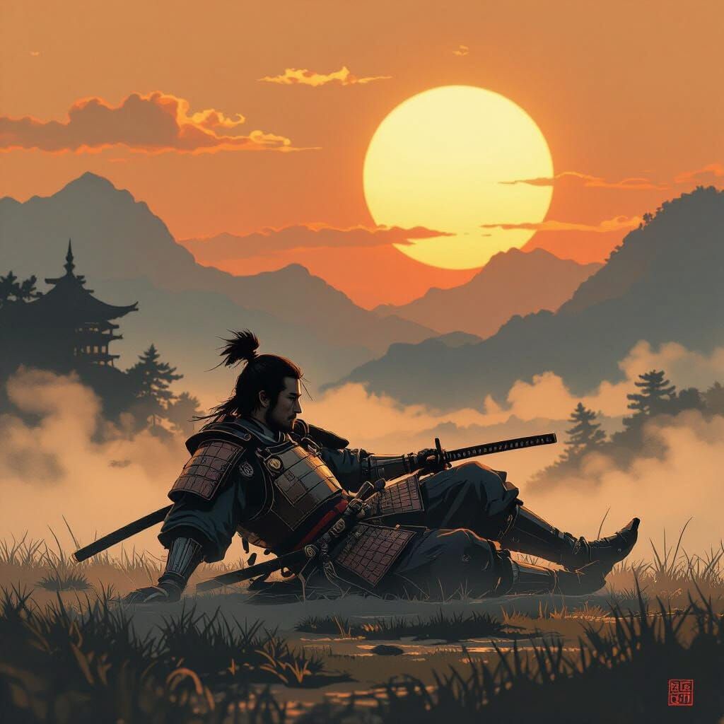 Samurai's Last Stand at Dawn, Ukiyo-e Style