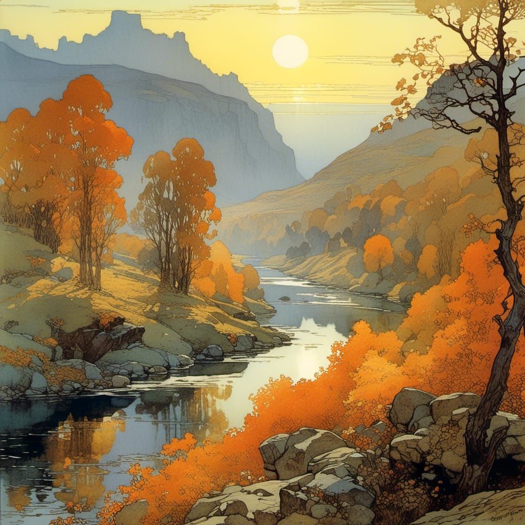 Misty Autumn River Valley in Art Nouveau Style