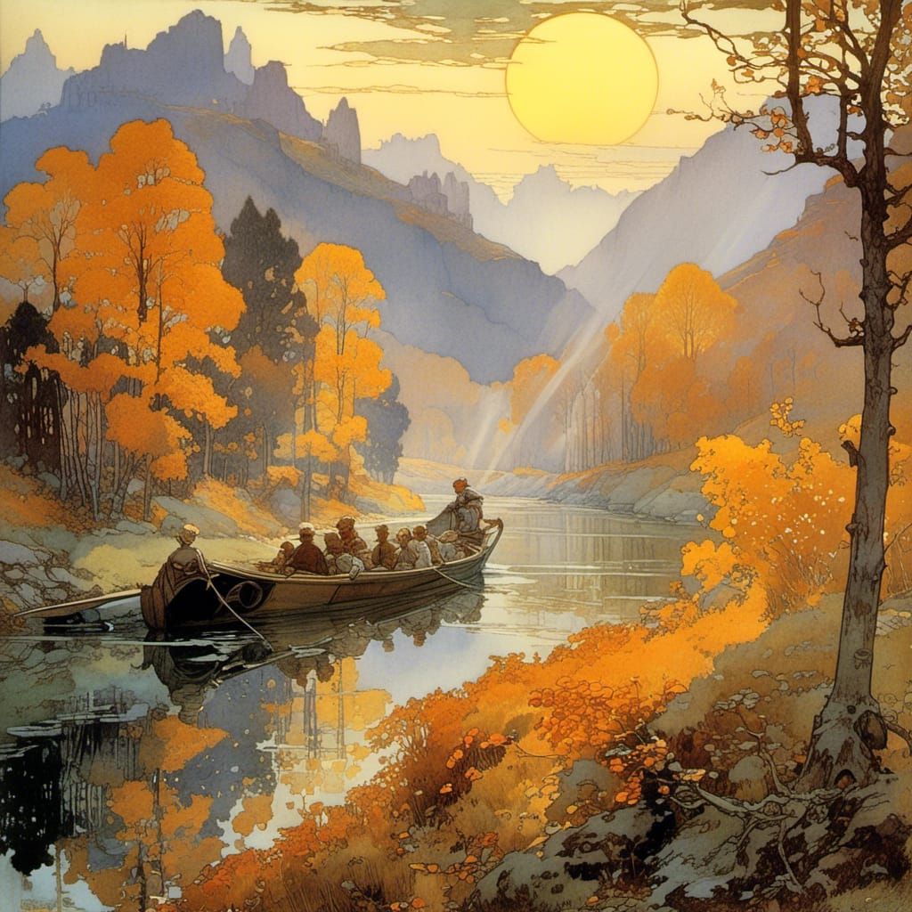 Foggy Autumn Morning River Valley Art Nouveau Style