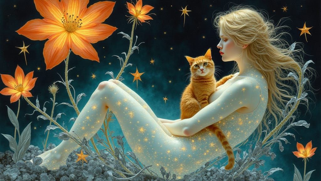 Ethereal Woman with Cat in Bioluminescent Dreamscape