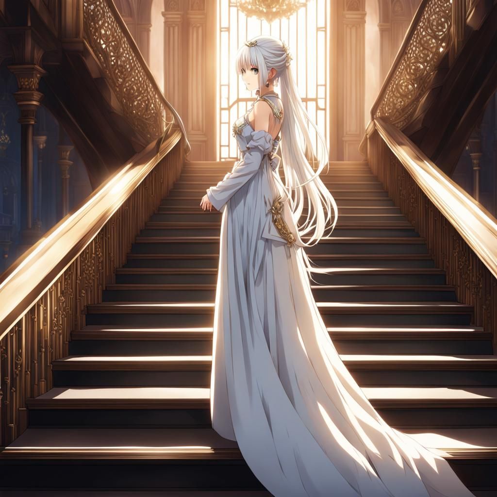 Anime Girl with Braided Hair Descending Stairs