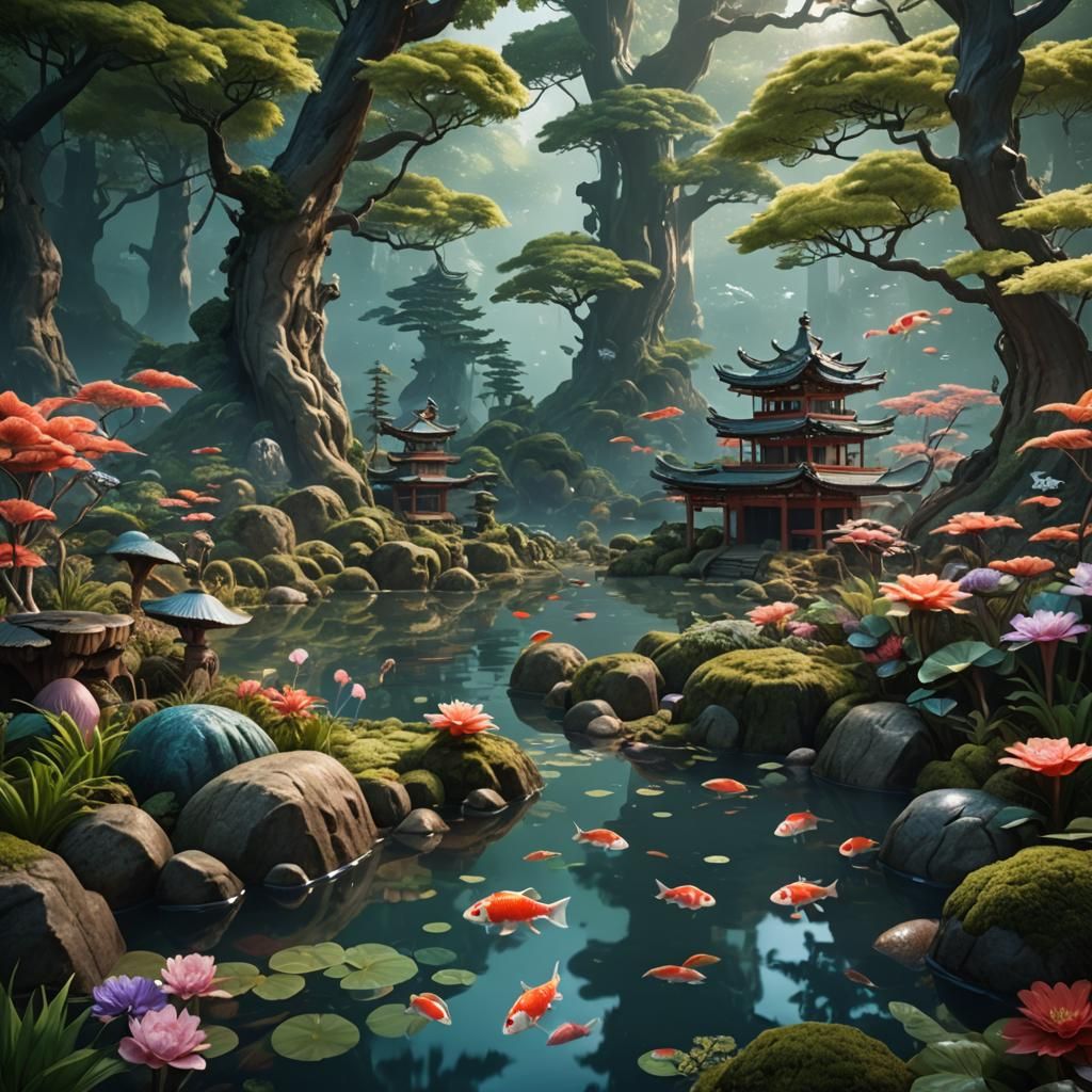 Clam in Japanese Forest with Koi Fish: Matte Painting