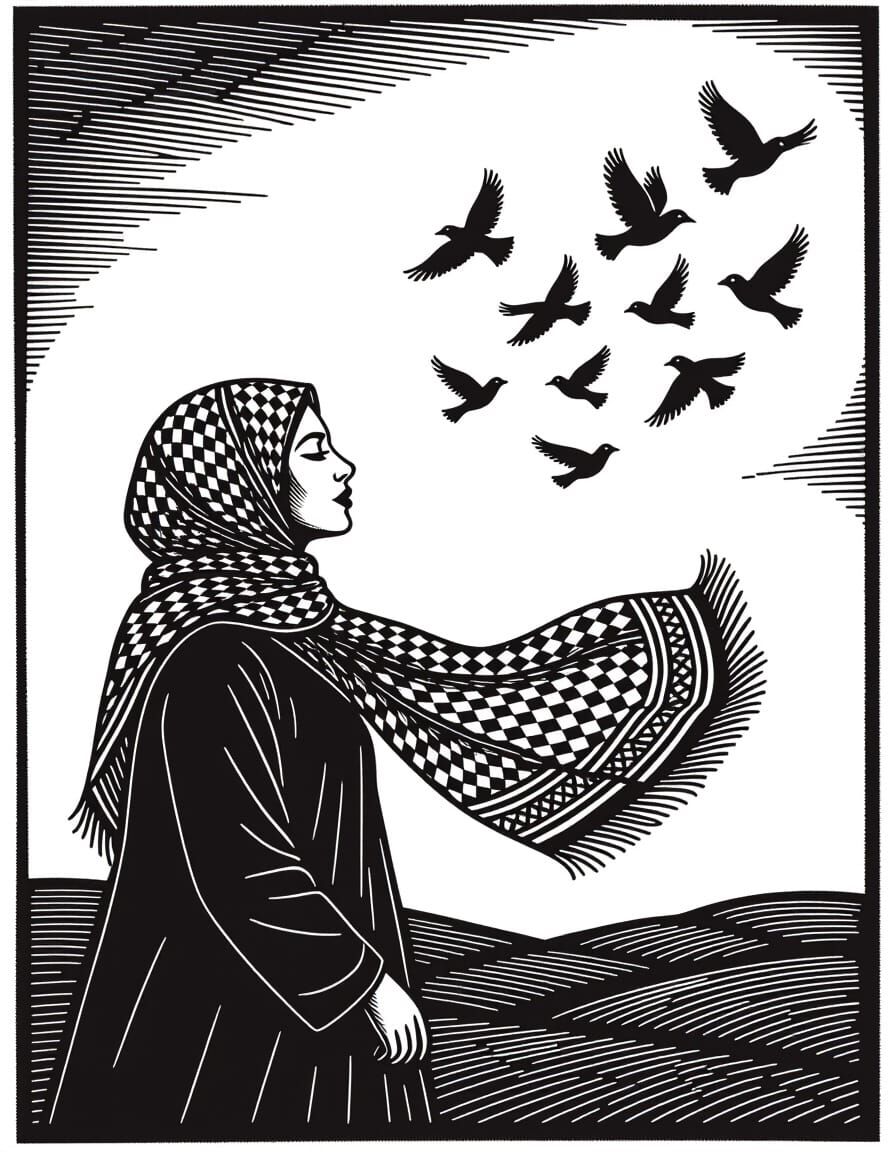 Palestinian Woman Embodies Freedom in Woodcut Portrait