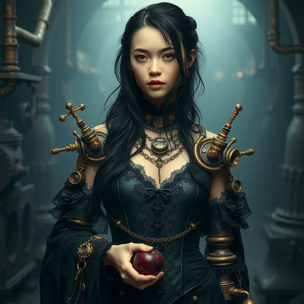 Gothic Cyberpunk Woman with Mechanical Exoskeleton