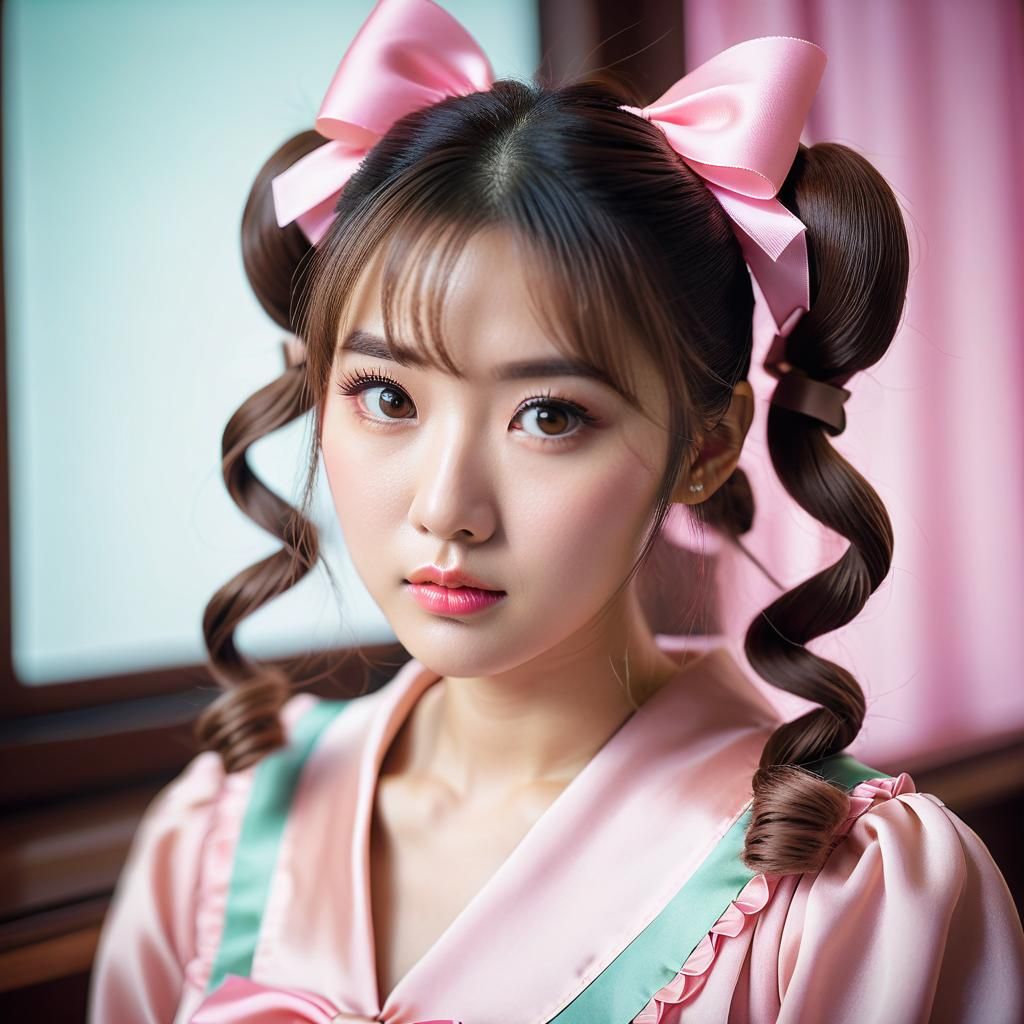 Kawaii Korean Girl with Pink Bows in Cinematic Style
