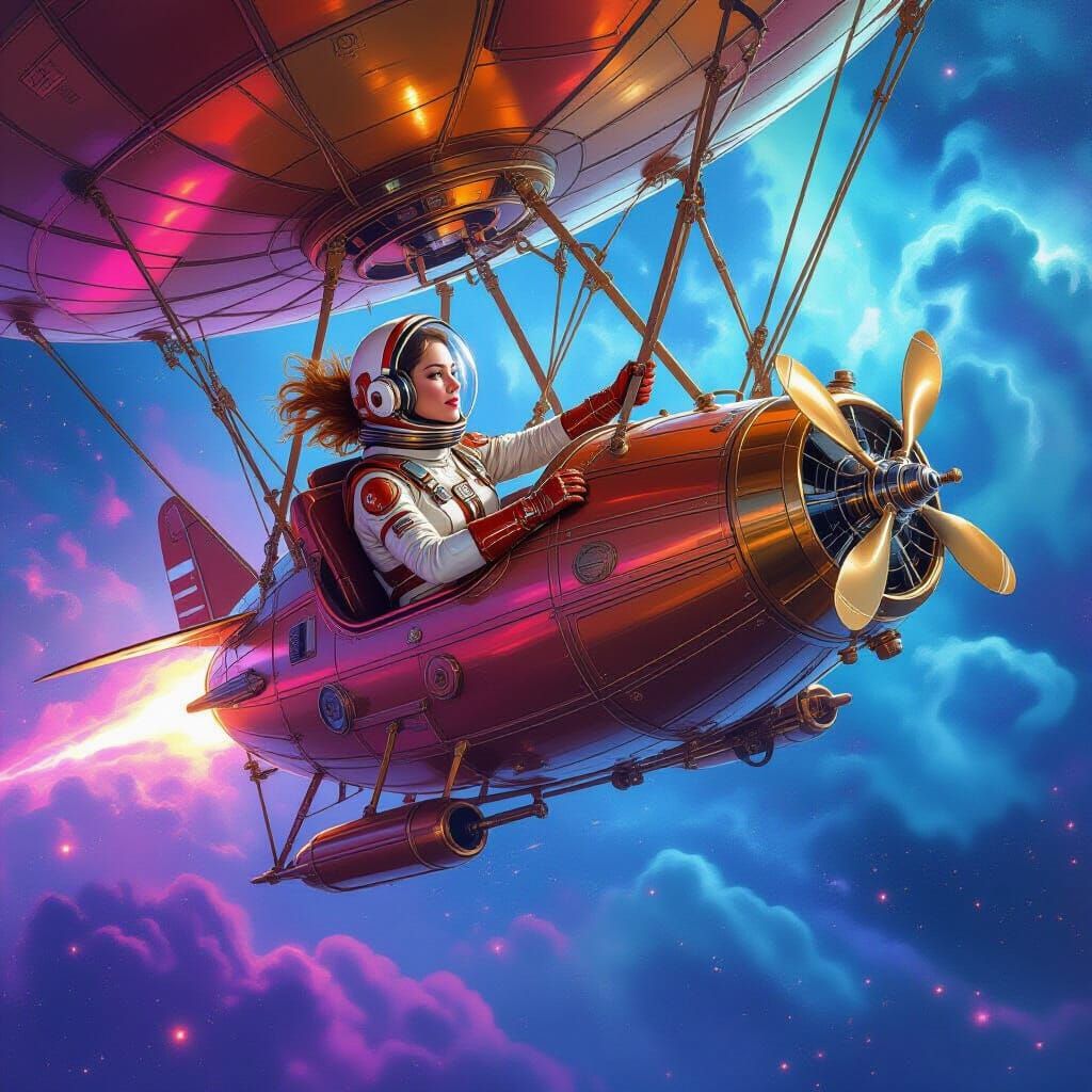 Steampunk Astronaut Piloting Airship Through Nebula