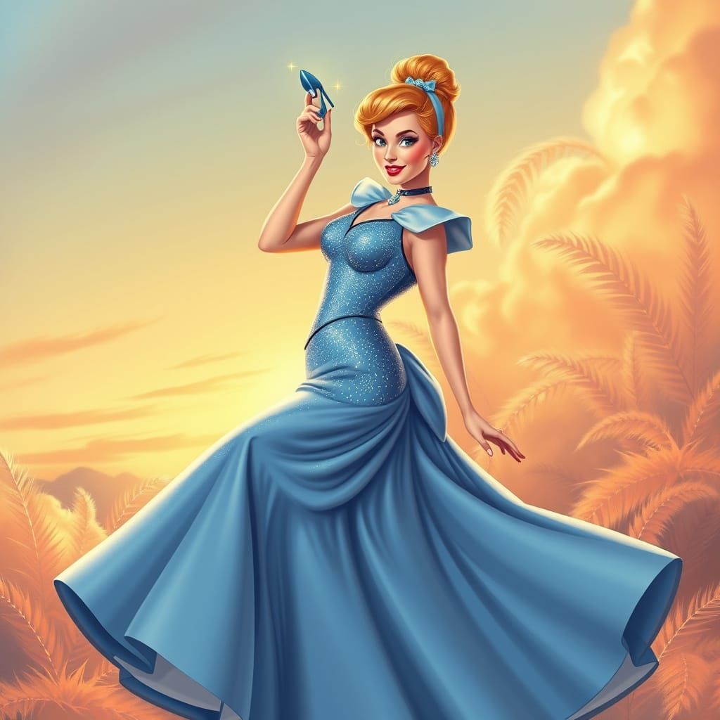 1950s Pin-Up Cinderella in Sparkly Blue Ball Gown