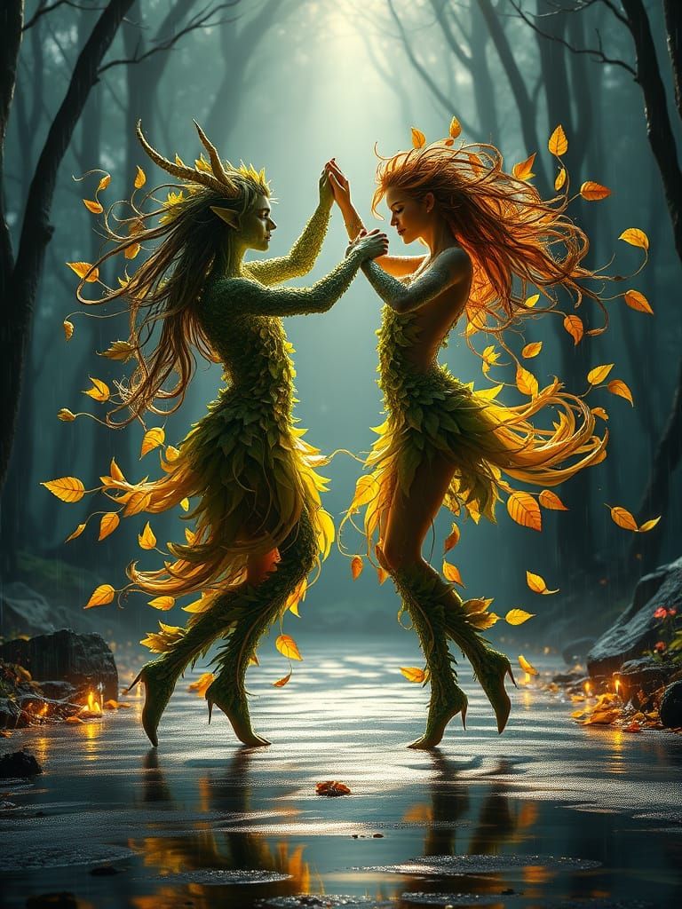 Mythic Foliage Dancers in Enchanted Woodland