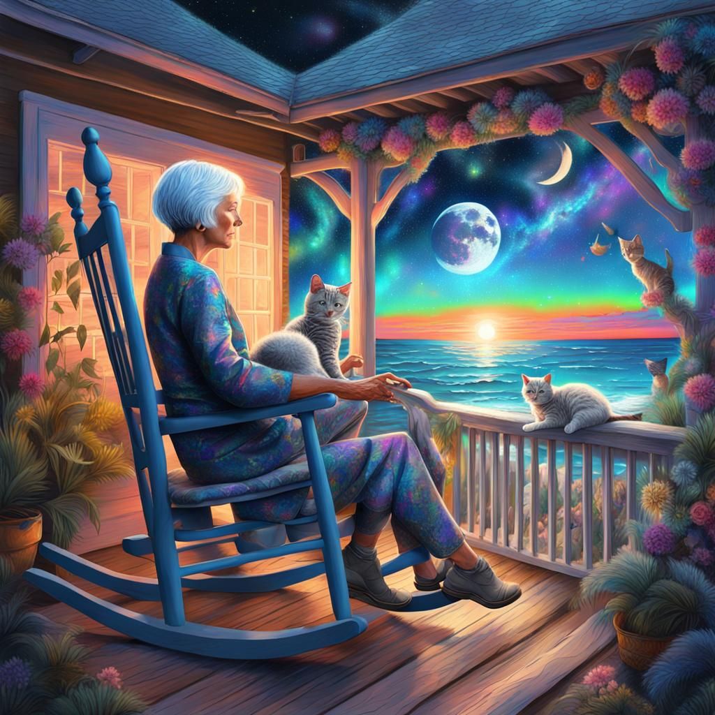 Cosmic Beach Cottage Scene by Pablo Amaringo