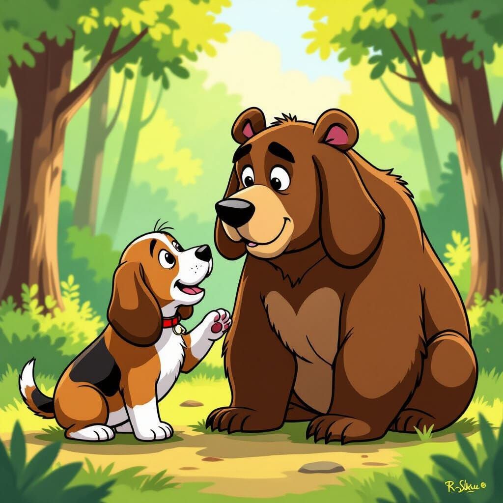Basset Hound Puppy Nudges Bewildered Bear in Cartoon Forest