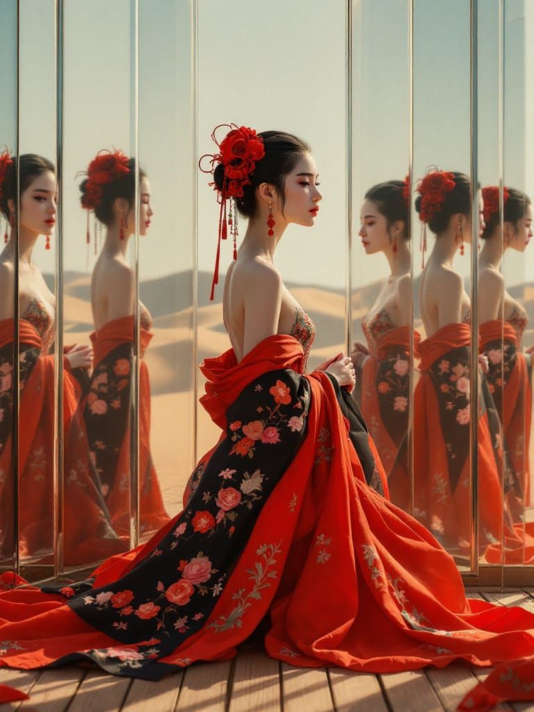 Woman in Red Hanfu by Desert Dunes in Dreamscape Style