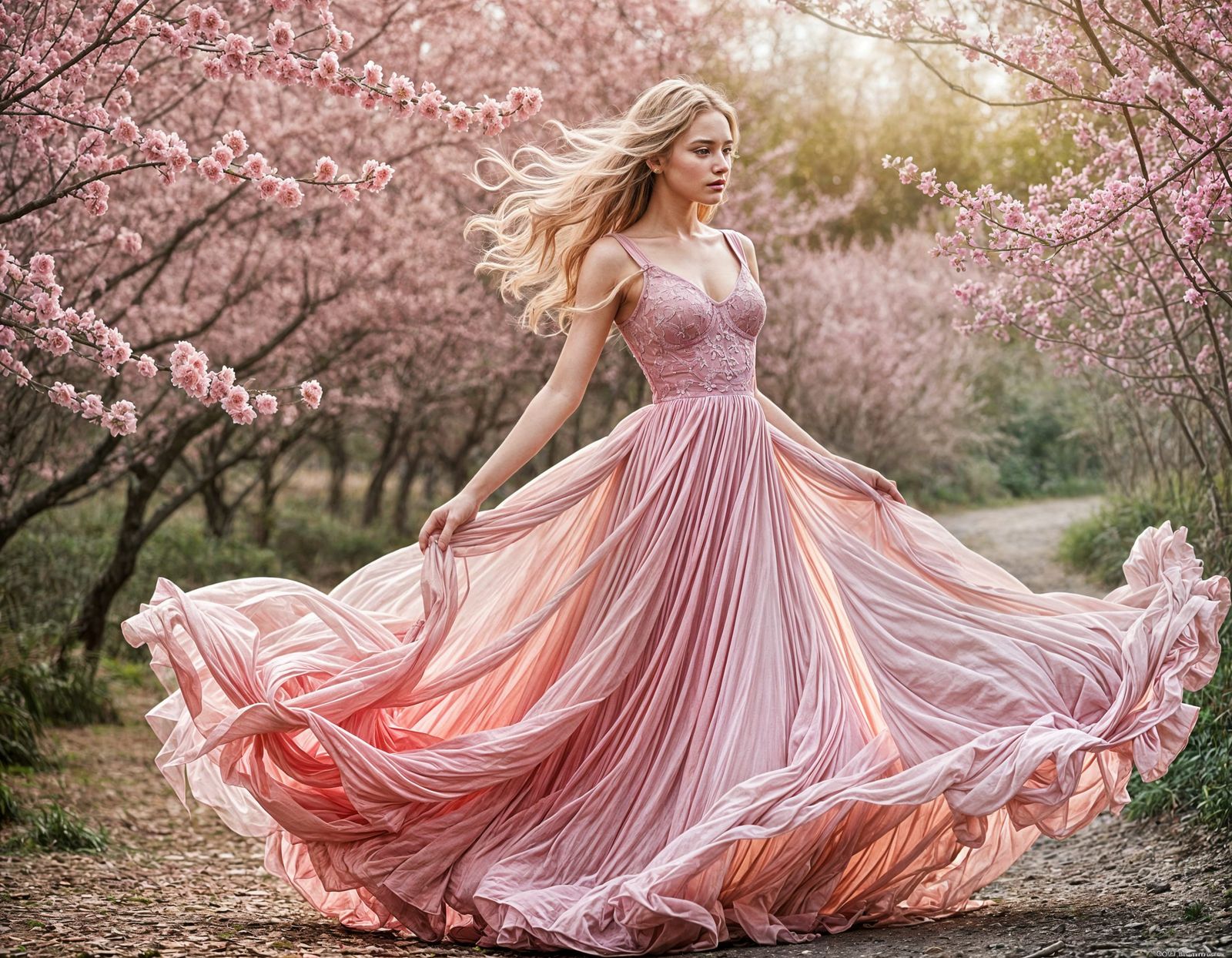 Ethereal Blonde in Pink Blossom Renaissance Scene