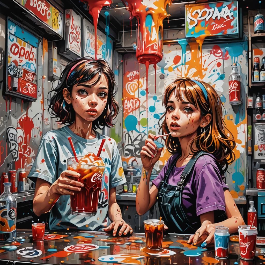 A boy and girl had a soda shop drinking a soda pop and talking.