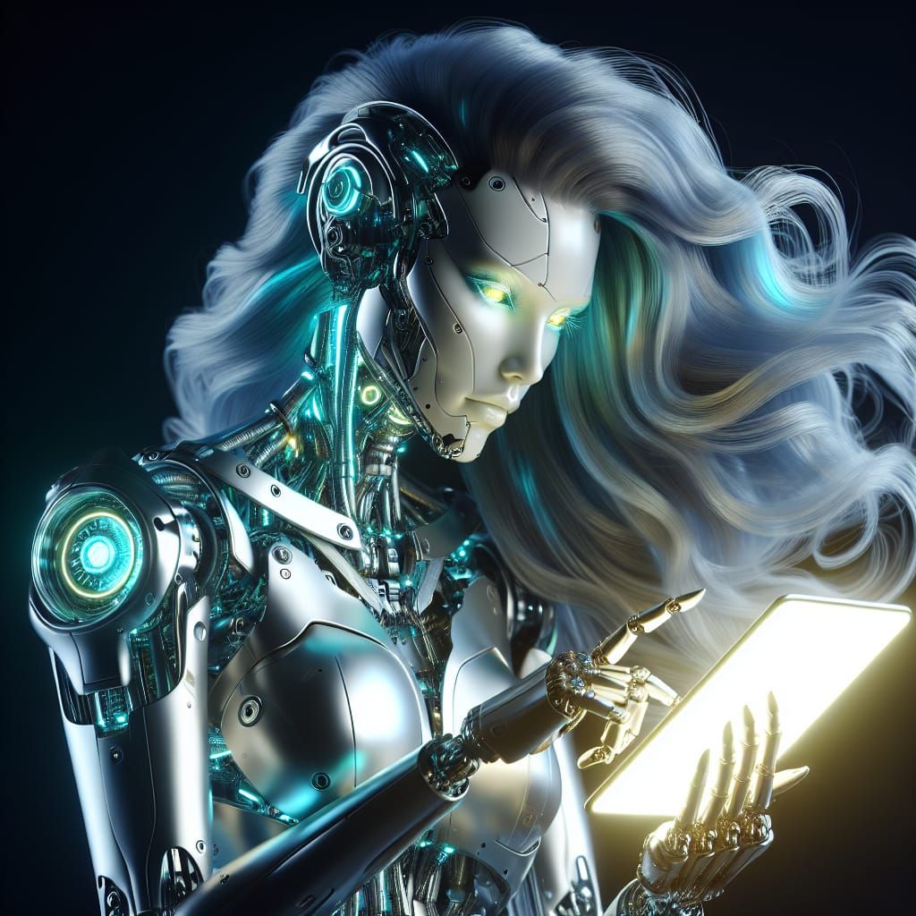 Luminescent Robotic Woman with Tablet in Cyberpunk Style