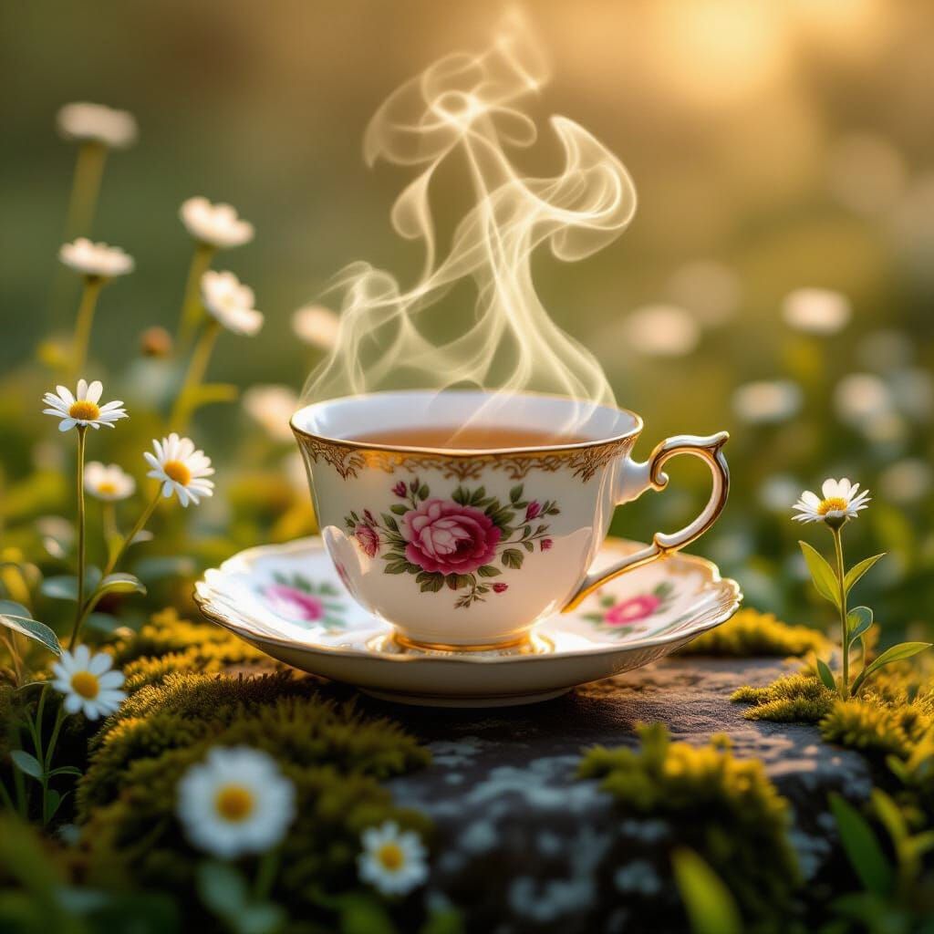 Ornate Teacup on Mossy Stone with Wildflowers in Golden Ligh...
