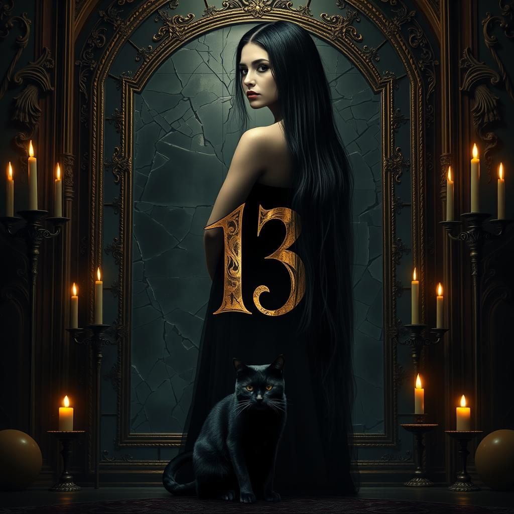 Gothic Woman with Black Cat and Fractured Mirrors