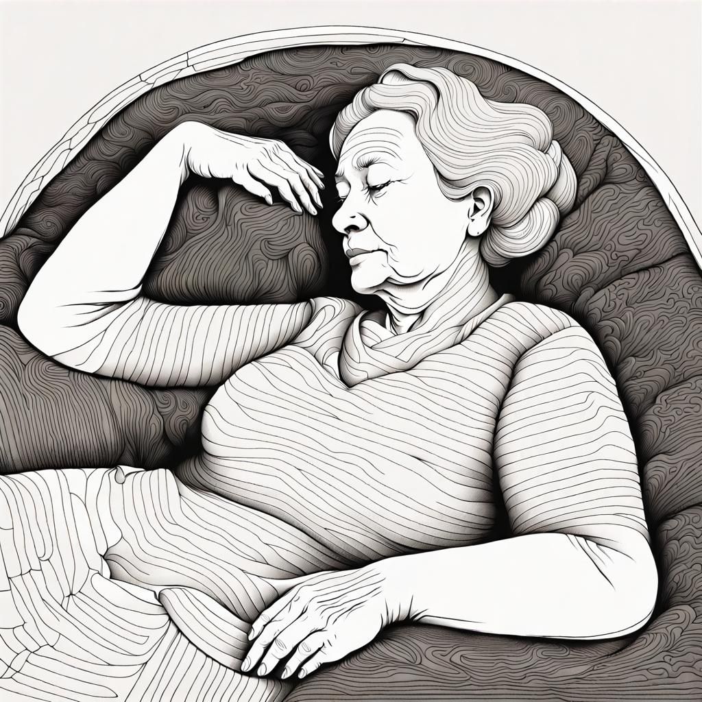Detailed Monochromatic Line Art of Elderly Woman Napping