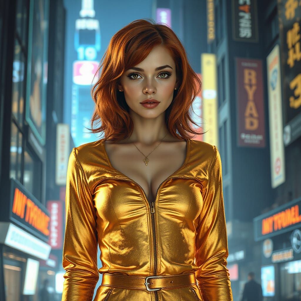 Redhead in Metropolis with Art Nouveau Elegance