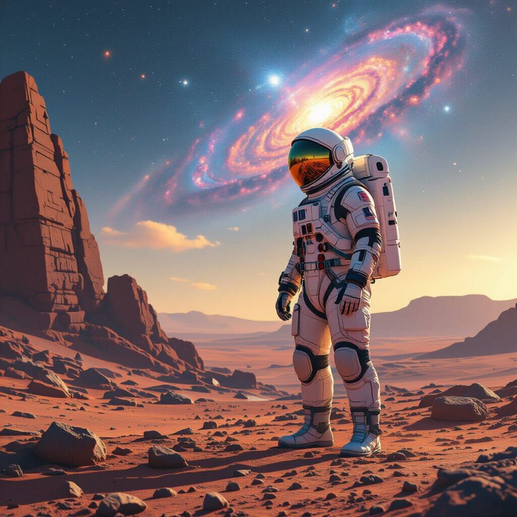 Astronaut on Mars Exploring Alien Ruins with Galaxy Sky