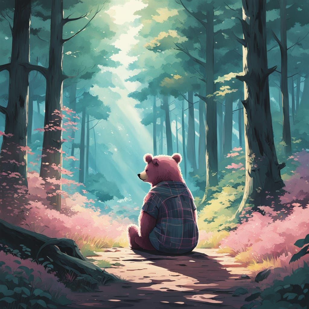 Whimsical Forest Bear in Pastel Hues, Inspired by Studio Ghi...