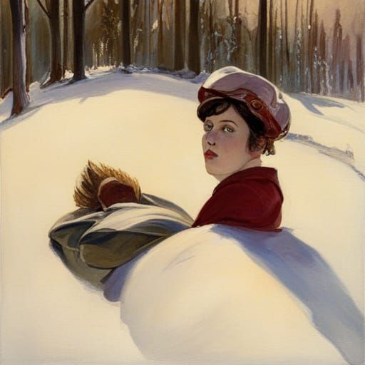 Girl in Snowdrift: Early 20th Century Gouache Portrait