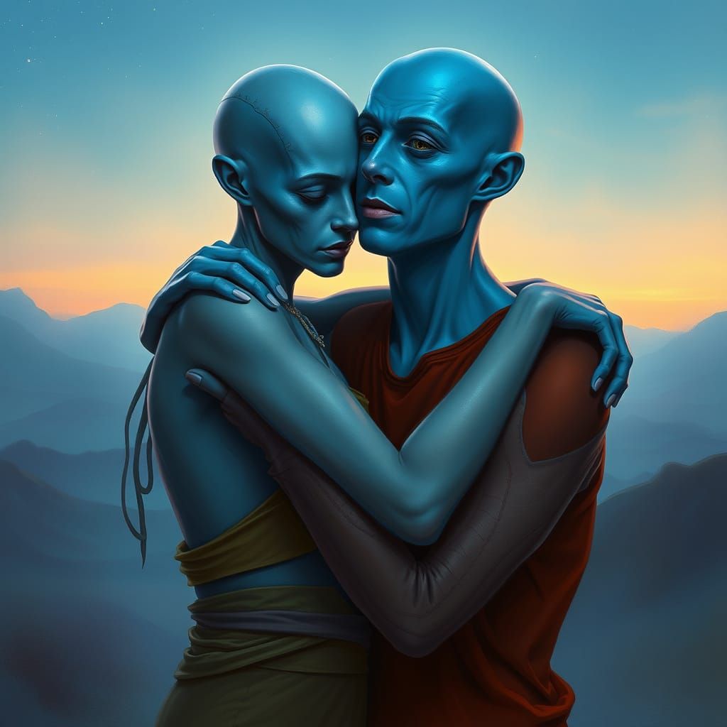 An arcturian blue skin beautiful woman with a big head and w...