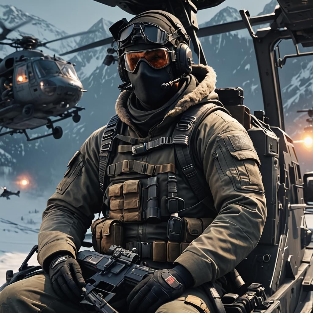 Mercenary in Helicopter: 3D Game Cinematic