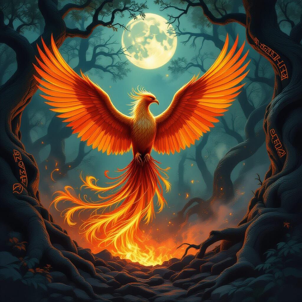 Majestic Phoenix Rises from Ashes in Ethereal Forest