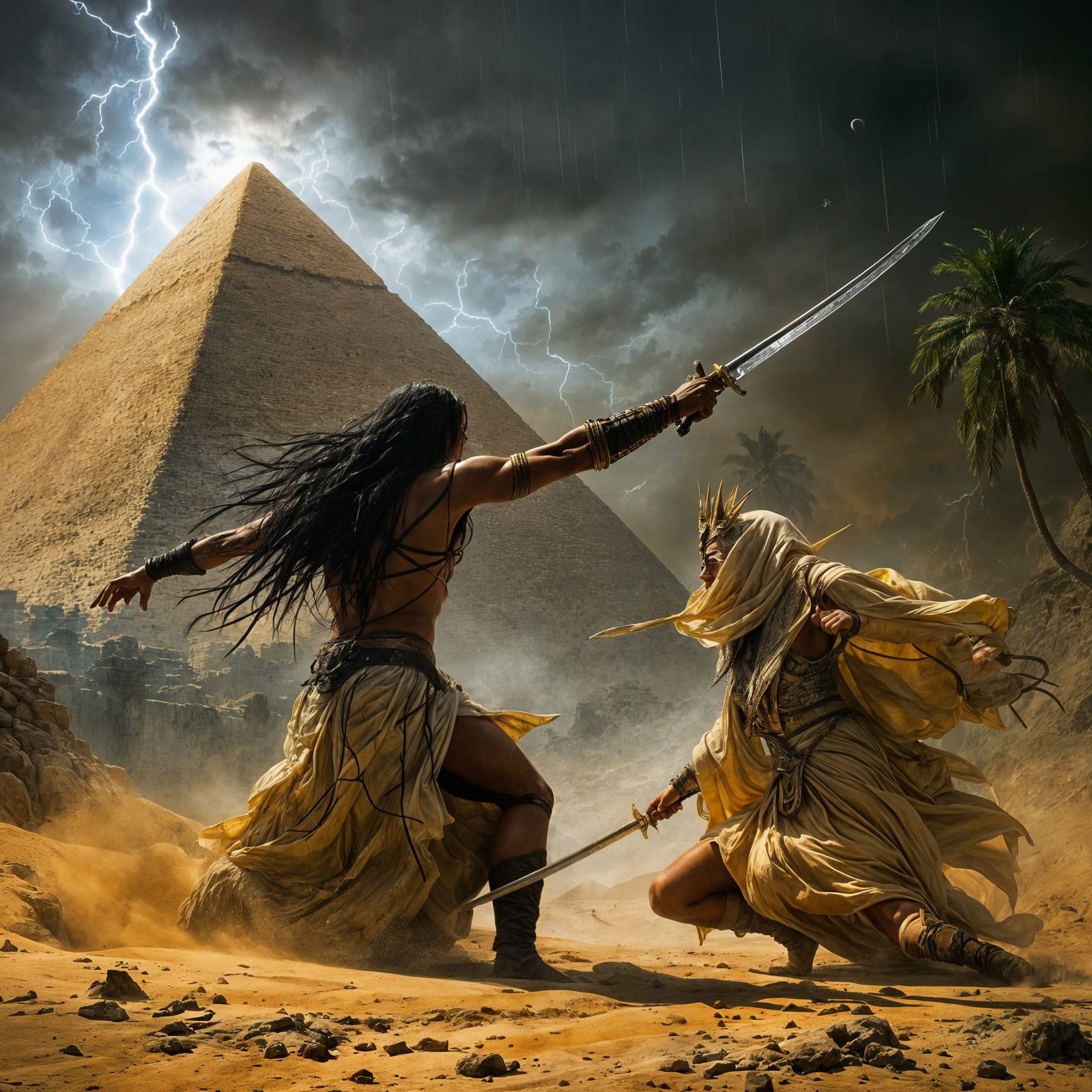 Ancient Warriors Clash Under Stormy Egyptian Skies