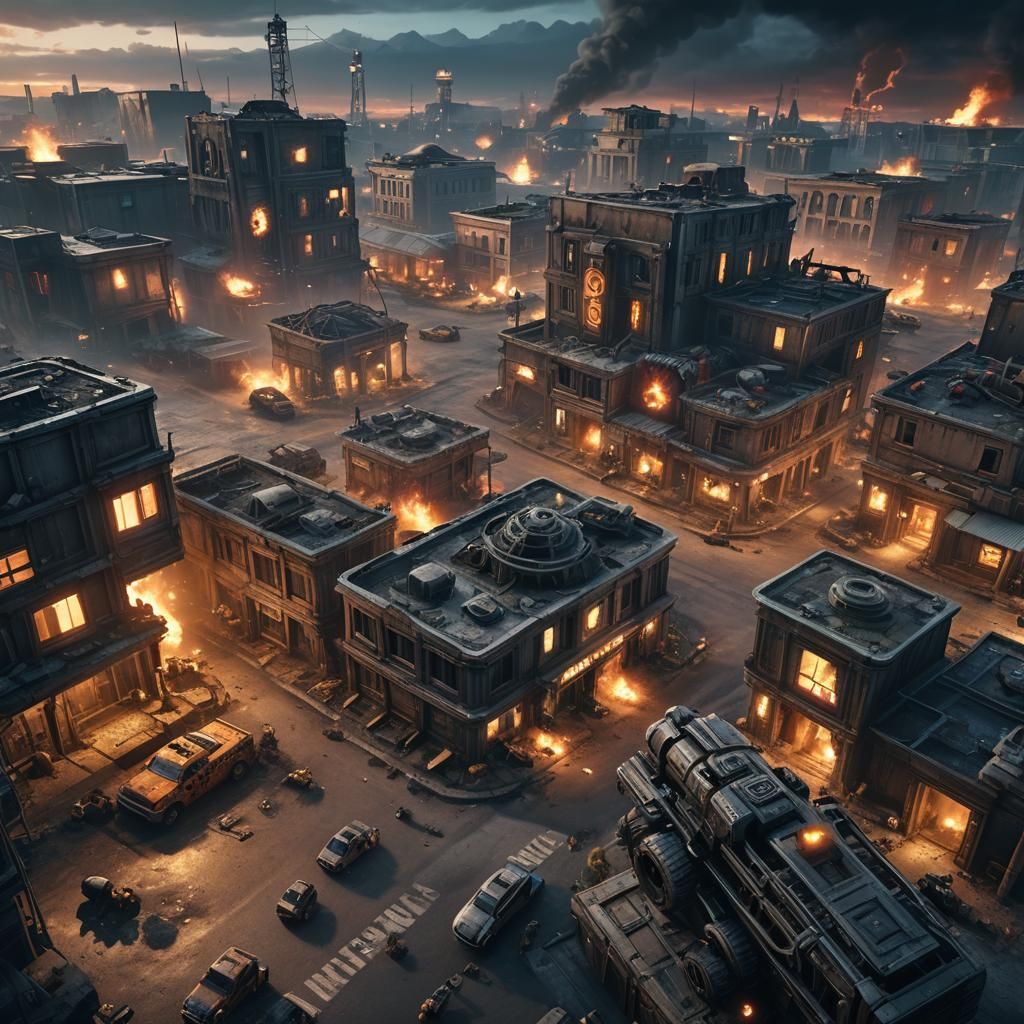 Epic Battle in Ruined Cityscape: Sci-Fi Concept Art