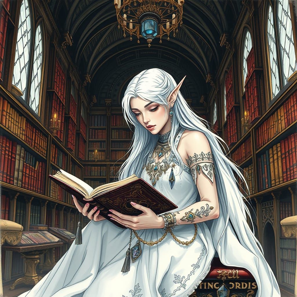 Elegant Elf Maiden in Ancient Library