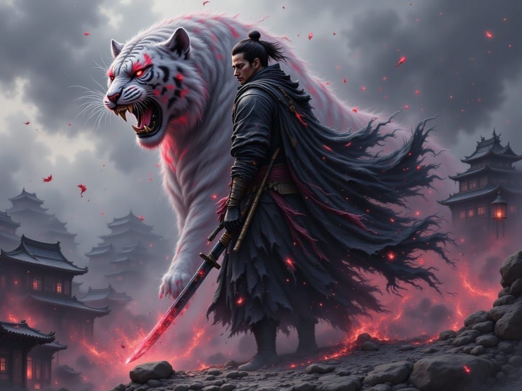 Warrior With Ghost Tiger in Stormy Japanese Ink Style