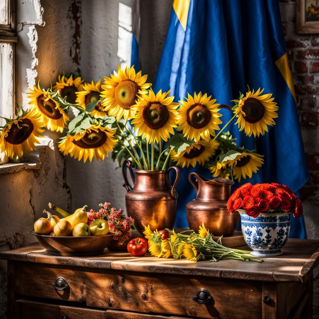 Ukrainian Flag Still Life with Sunflowers, Photorealistic Pa...