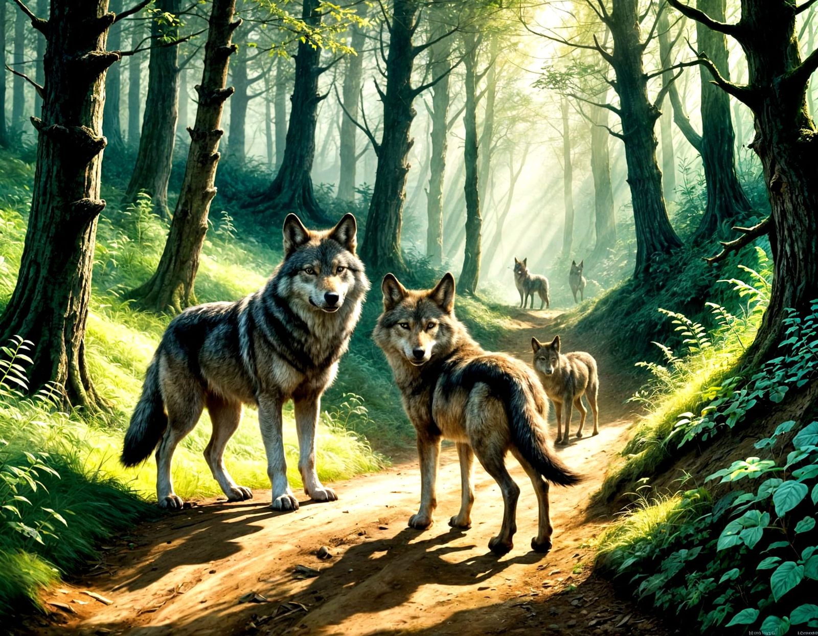 Wolf Guiding Children Through Enchanted Forest