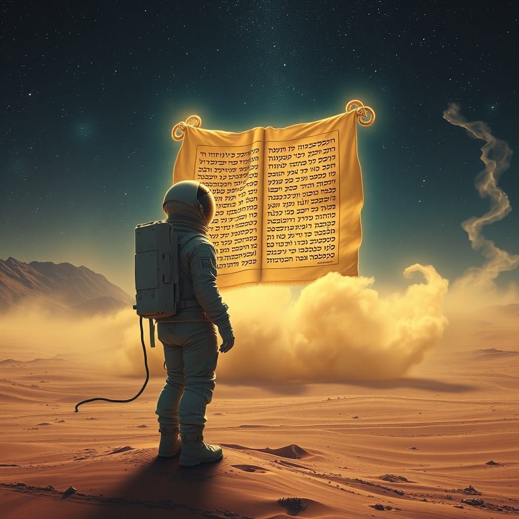 Astronaut and Glowing Torah Scroll on Mars