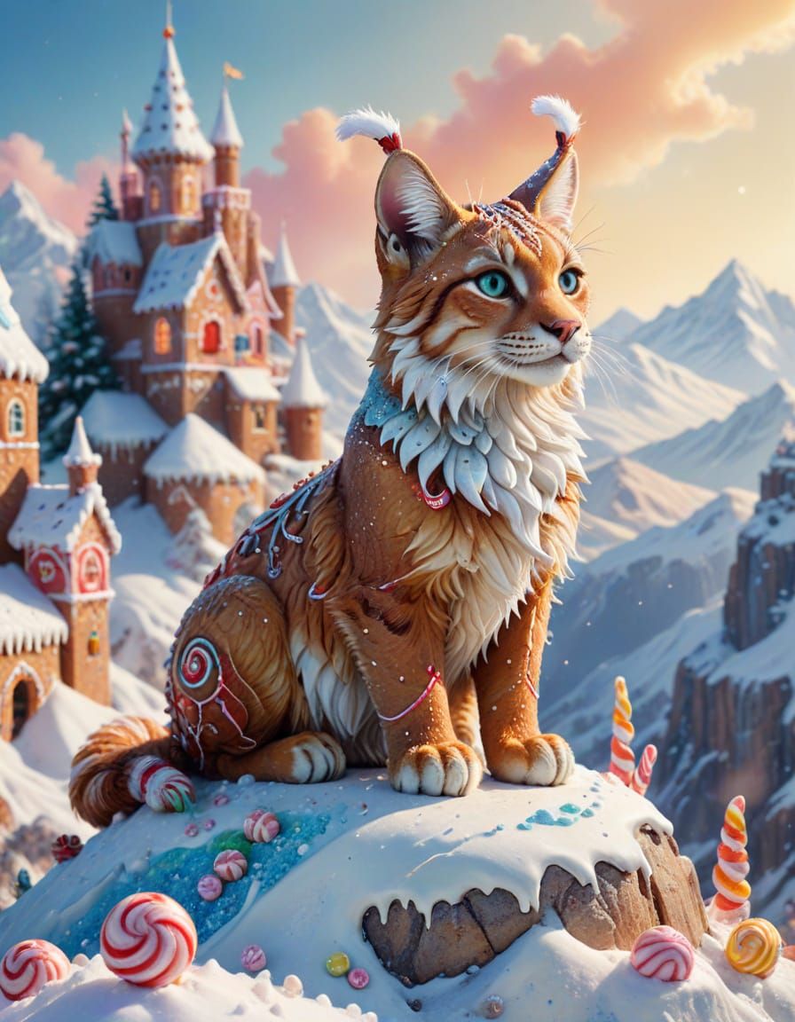 Gingerbread Lynx Guards Candy Fortress, Watercolor Style