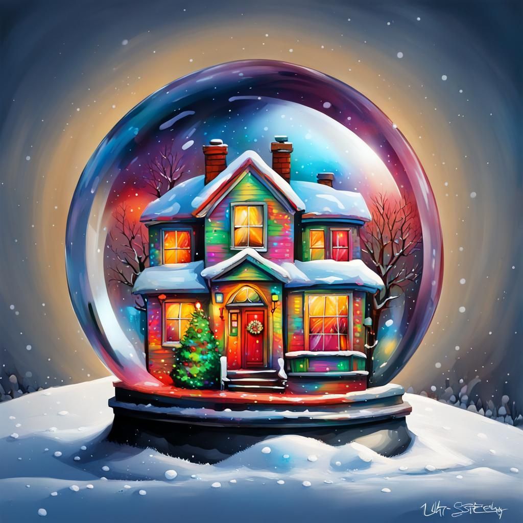 Christmas Lights House in Snow Globe, Graffiti Art
