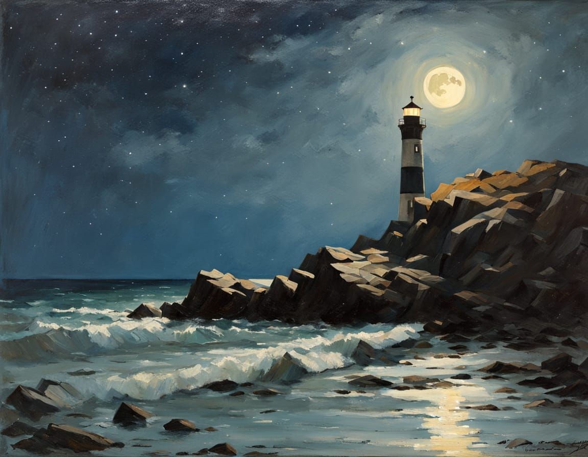 Luminous Moonlit Coast in Impressionist Style