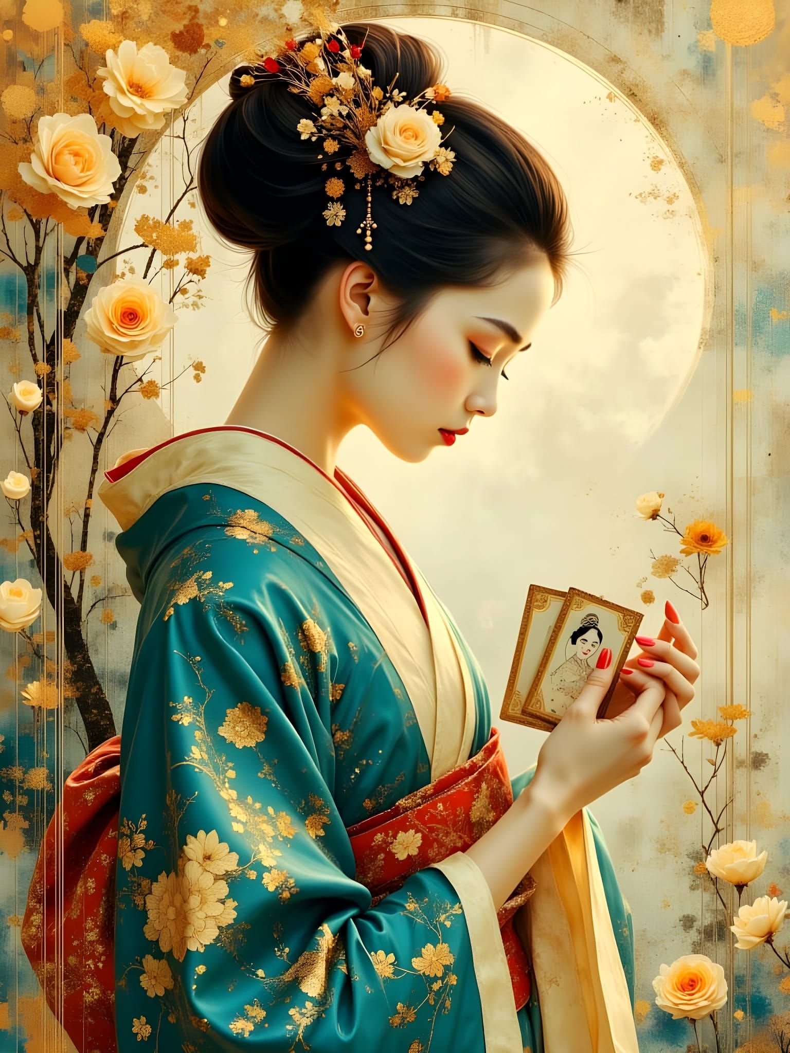 Geisha Reading Tarot Cards at Sunset