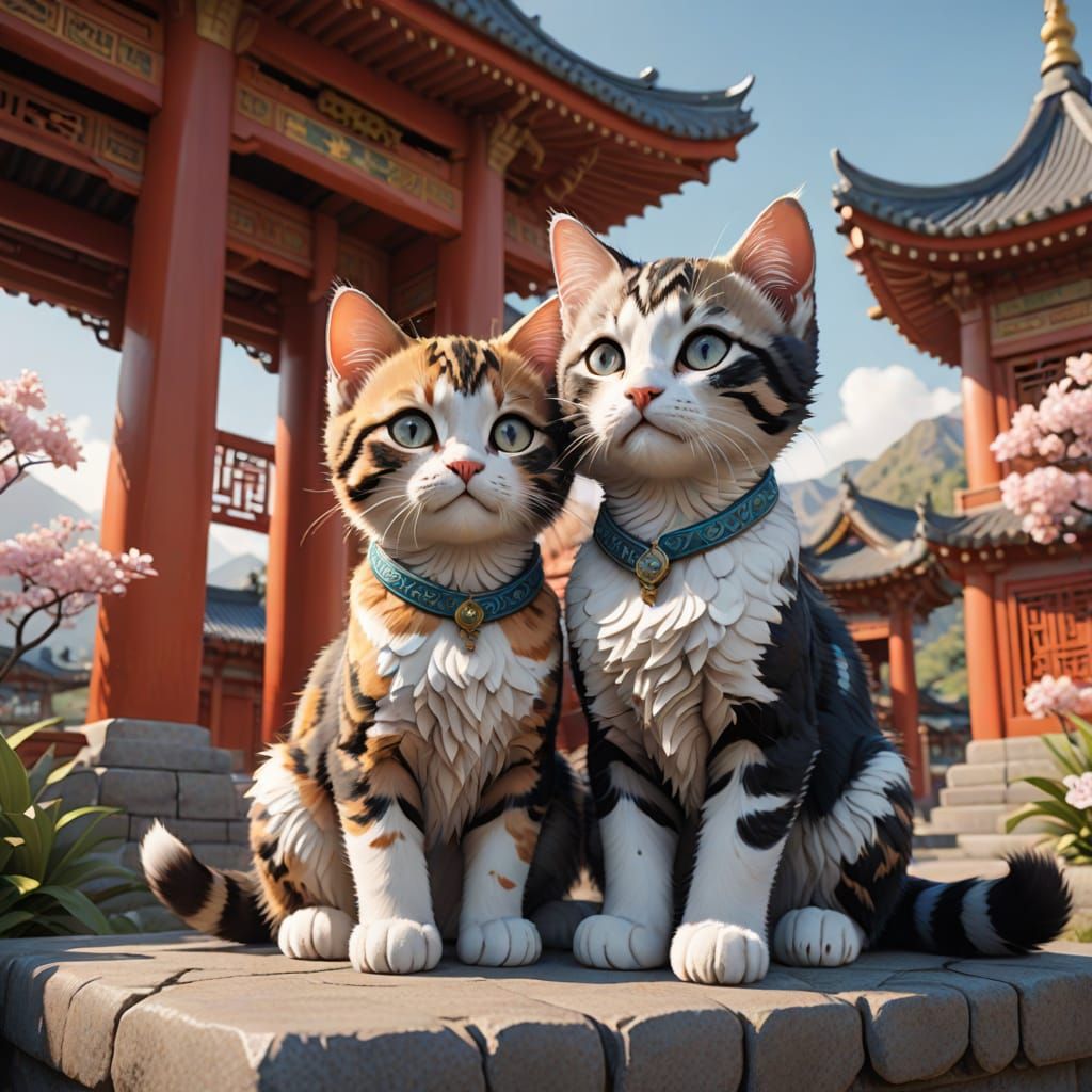 Whimsical Anime-Style Kittens Under a Chinese Pagoda