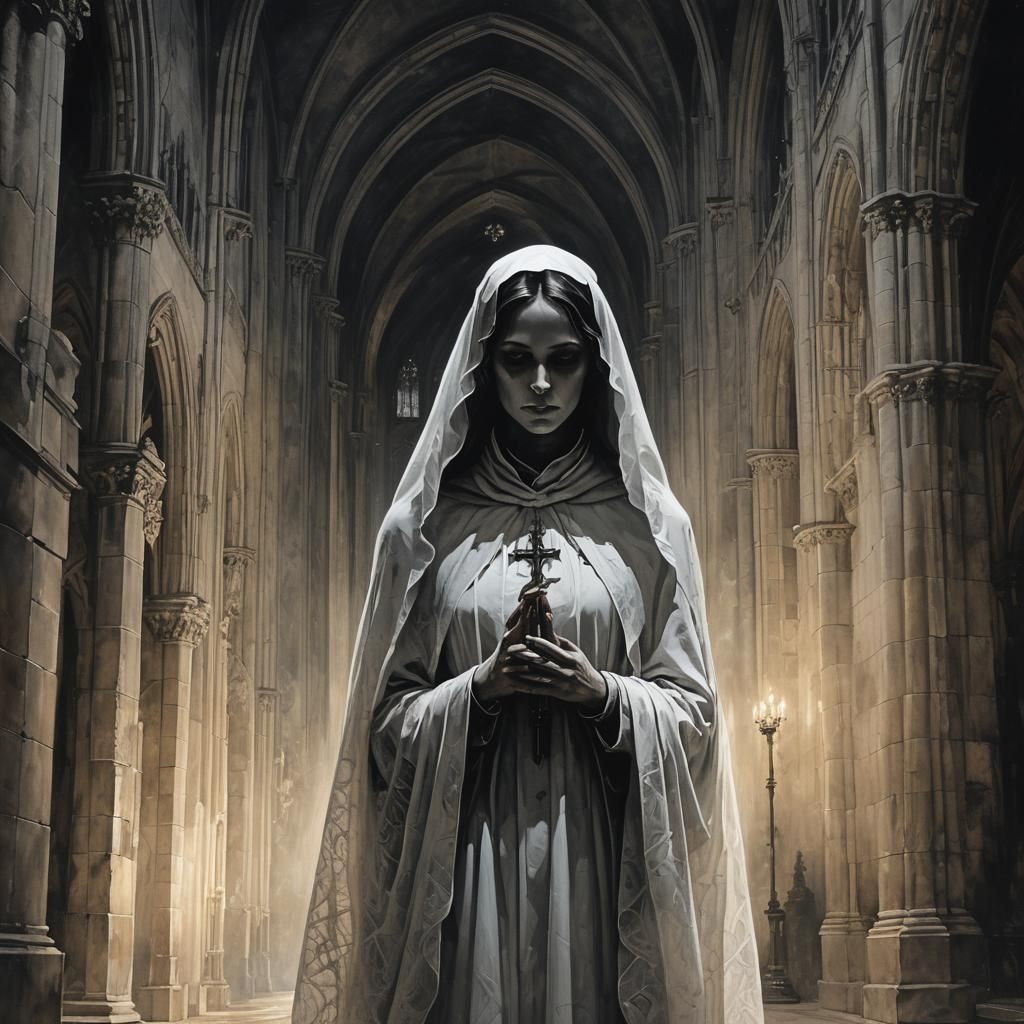Ghostly Woman in Gothic Cathedral: Digital Painting